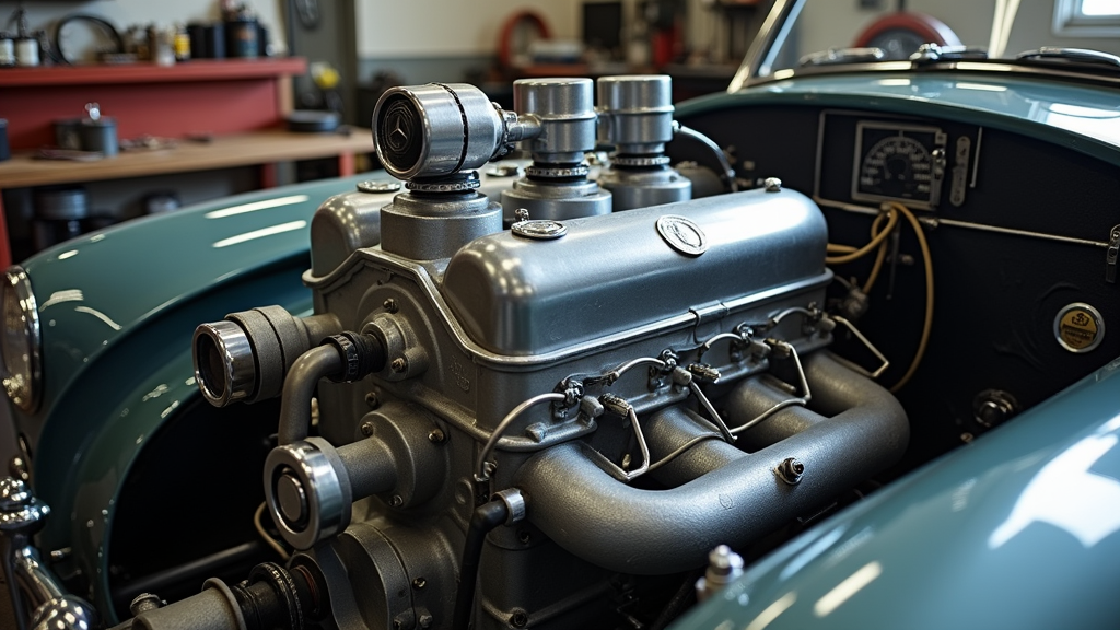 Restored 1950s Mercedes engine with polished chrome and glossy black finish in a clean garage